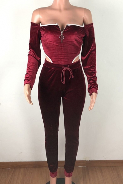 Unique Womens Co-ords Zipper Detail Drawstring-Waist Pleuche Cut-out Side Long Sleeve off Shoulder Tee Skinny Fitted Pants Sport Co-ords