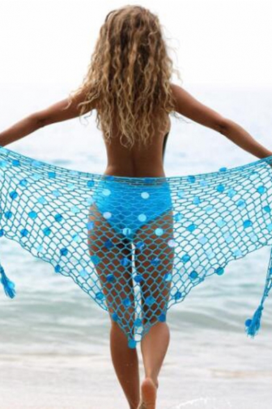 Unique Womens Jacket Sequin Tassel Detail Fishnet Cover-up Sun Protection Triangle Beach Shawl