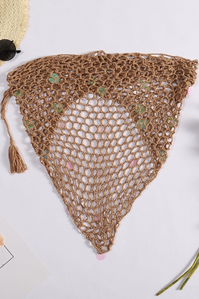 Unique Womens Jacket Sequin Tassel Detail Fishnet Cover-up Sun Protection Triangle Beach Shawl