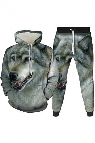 Vintage Mens 3D Co-ords Wolf Moon-Phase Meteor Pattern Slim Fitted 7/8 Length Tapered Pants Long Sleeve Hoodie Jogger Co-ords
