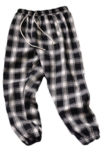 Vintage Mens Pants Plaid Print Drawstring Waist Cuffed Regular Fit 7/8 Length Tapered Relaxed Pants