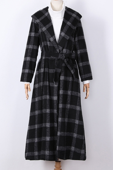 Vintage Womens Coat Grid Pattern Button down Loose Fit Longer Length Long Sleeve Lapel Collar Woolen Coat