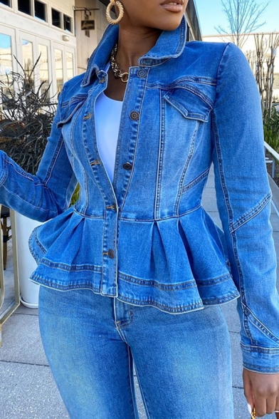 Vintage Womens Jacket Faded Wash Pocket Flap Design Ruffle Hem Button down Slim Fit Long Sleeve Turn-down Collar Denim Jacket