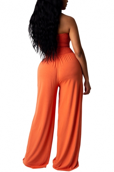 Vintage Womens Jumpsuit Solid Color Shirred Detail Drawstring-Waist Strapless Slim Fitted Sleeveless Wide Leg Jumpsuit