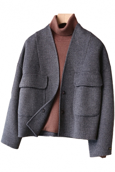 Womens Coat Unique Houndstooth Pattern Flap Pockets Front Double-Sided Woollen Snap Button Detail Cropped Long Sleeve V Neck Loose Fit Wool Coat