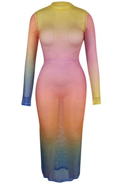 Womens Dress Chic Ombre Rainbow See-Through Mesh Maxi Slim Fitted Round Neck Long Sleeve Bodycon Dress