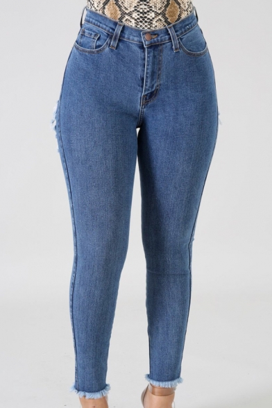 Womens Hot Popular Sexy Distressed Ripped Hole Back Raw Hem Dark Blue Skinny Fit Jeans