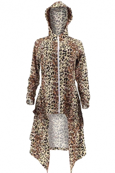 Womens Jacket Chic Leopard Skin Camo Pattern High-Low Hem Zipper up Hooded Slim Fit Long Sleeve Mid-Length Casual Jacket