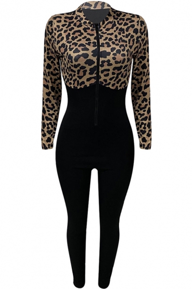 Womens Jumpsuit Fashionable Leopard Skin Print Contrast Zipper Front Rib Knitted Long Sleeve Mock Neck Skinny Fitted Jumpsuit