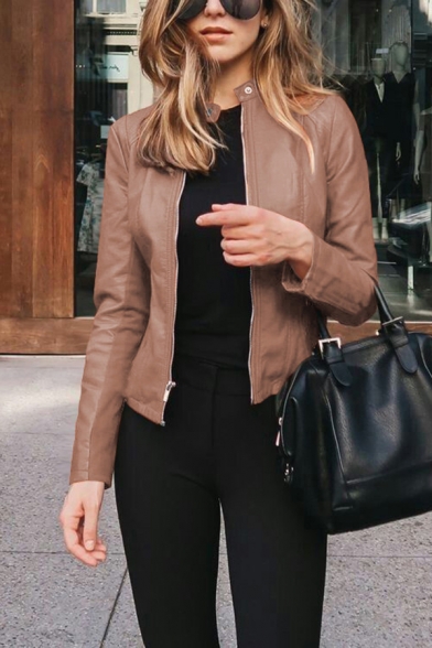 Womens Suit Jacket Trendy Solid Color Zipper down Slim Fit Long Sleeve Stand Collar Leather Jacket