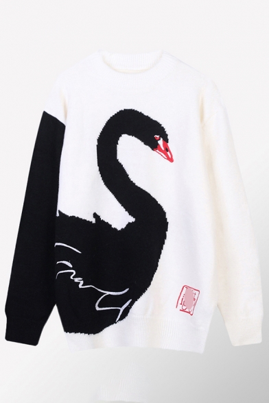 Womens Sweater Chic Color Block Swan Embroidery Long Sleeve Relaxed Fitted Round Neck Sweater
