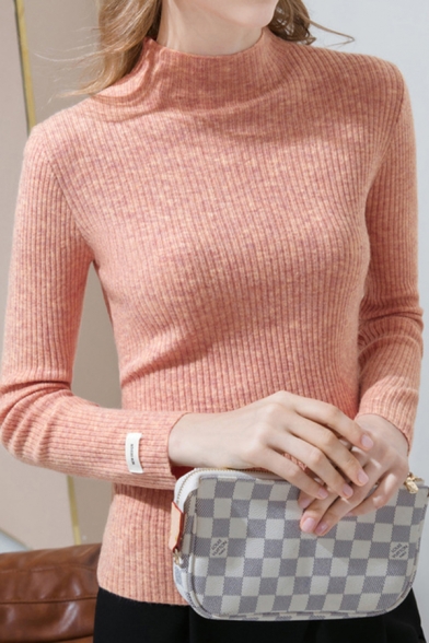 Womens Sweater Stylish Label Patch Plain Rib Knitted Mock Neck Long Sleeve Slim Fitted Bottoming Sweater