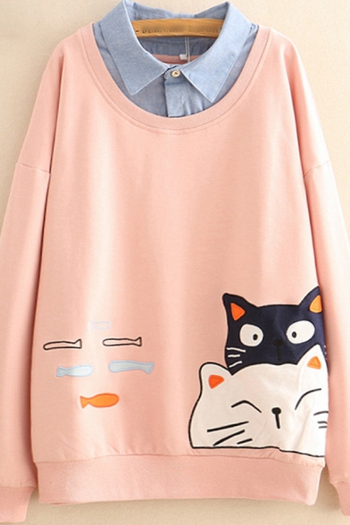 Womens Sweatshirt Trendy Cat Fish Embroidered Loose Fit Long Sleeve Crew Neck Pullover Sweatshirt