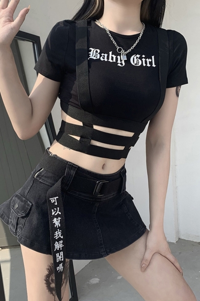 Womens T-Shirt Unique Letter Baby Girl Pattern Hollow out Cropped Short Sleeve Round Neck Slim Fitted Tee Top