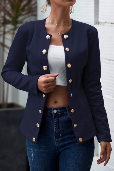 Basic Womens Jacket Solid Color Button Decoration Open Front Long Sleeve Lapel Collar Slim Fit Suit Jacket