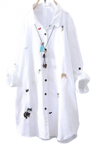Basic Womens Shirt Cat Dog Flower Embroidery Button down Tunic Loose Fit Long Roll-Tab Sleeve Turn down Collar Shirt