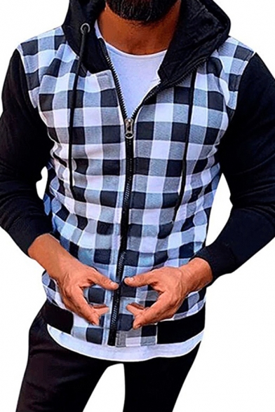 Casual Men's Jacket Contrast Plaid Pattern Side Pockets Zipper down Long Sleeves Regular Fitted Drawstring Hooded Jacket