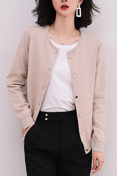 Casual Women's Cardigan Solid Color Pearl Button-down Ribbed Trim Long-sleeved Regular Fitted Cardigan