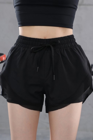 Classic Womens Shorts Solid Color 2-in-1 Anti-Emptied Side Split Hem Drawstring Waist Regular Fitted Sport Shorts