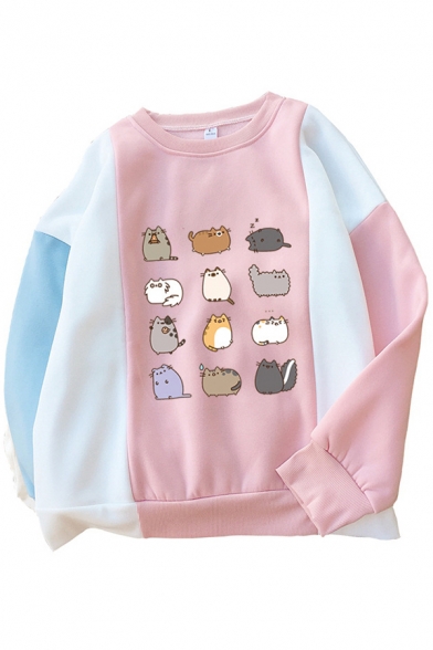 Color Block Cartoon Cat Printed Round Neck Long Sleeve Sweatshirt