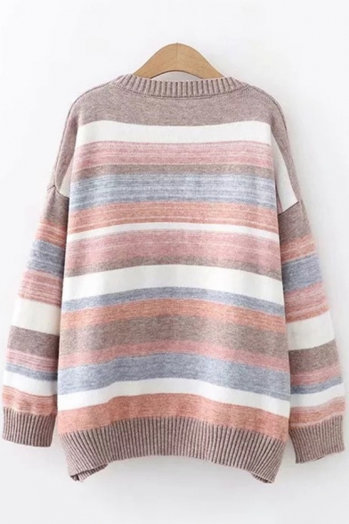 Cool Womens Sweater Color Block Stripe Pattern Loose Fitted Crew Neck Long Sleeve Sweater