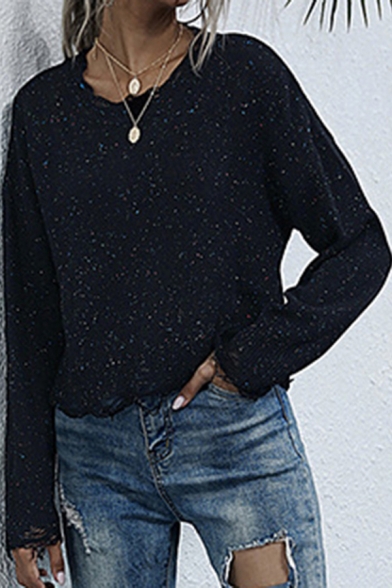 Creative Womens Sweater Glitter Frayed Edge Regular Fitted Crew Neck Long Sleeve Sweater