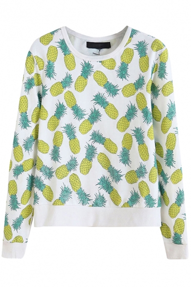 Elegant Sweatshirt All over Pineapple Print Contrast Panel Crew Neck Long-sleeved Regular Fit Pullover Sweatshirt for Women