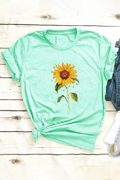 Fancy Tee Top Sunflower Pattern Rolled Cuffs Round Neck Short-sleeved Regular Fitted T-shirt for Women