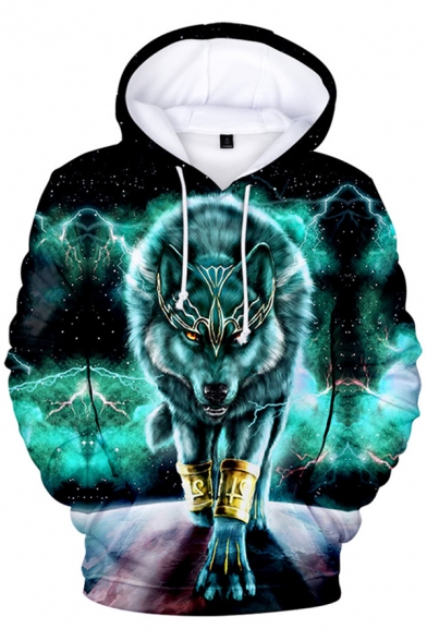 Fashion 3D Green Wolf Printed Long Sleeve Pullover Hoodie
