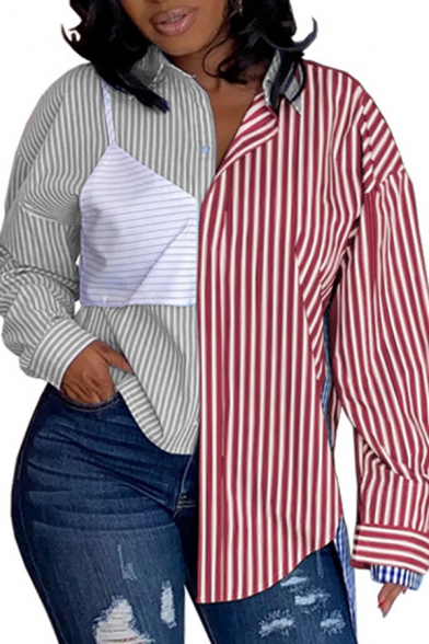 Leisure Womens Shirt Stripe Pattern Contrast Panel Patchwork Button Fly Turn-down Collar Long-sleeved Regular Fitted Shirt Blouse