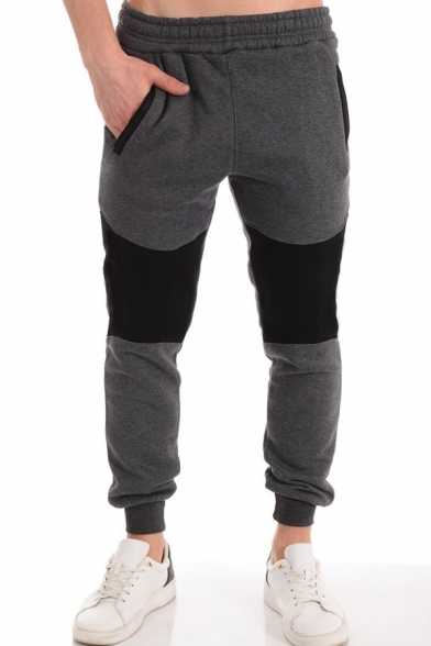 Men's New Fashion Colorblock Patched Logo Printed Drawstring Waist Grey Casual Slim Sweatpants Sports Pencil Pants