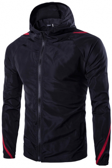 New Trendy Striped Number 3 Printed Long Sleeve Zip Closure Hooded Windbreaker Jacket