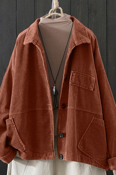 Novelty Womens Jacket Plain Corduroy Pocket Flap Design Full-Button Long Sleeve Turn-down Collar Loose Fit Casual Jacket