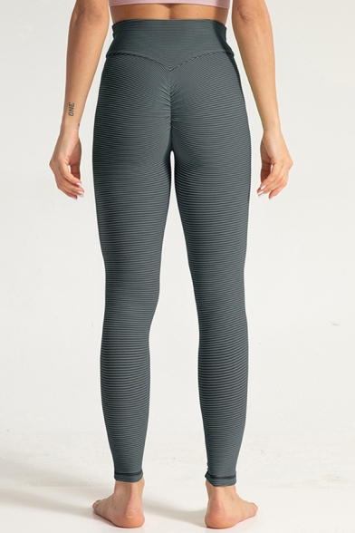 Quick Dry Women's Yoga Leggings Horizontal Stripe Pattern Pleated Elasticity High Waist Ankle Length Leggings