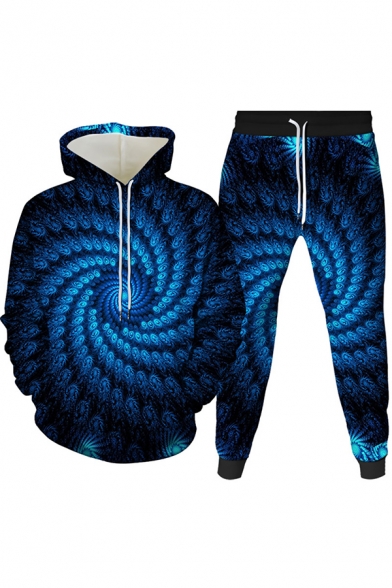 Retro Mens Co-ords Colored Spiral Geometric Pattern 3D Slim Fitted 7/8 Length Tapered Pants Long Sleeve Hoodie Jogger Co-ords
