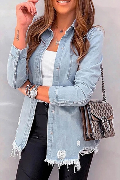 Retro Womens Jacket Faded Wash Ripped Frayed Hem Chest Pocket Button up Turn-down Collar Slim Fit Long Sleeve Denim Jacket