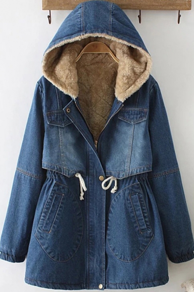 Retro Womens Jacket Faded Wash Sherpa Lined Thick Drawstring Waist Mid-Length Zipper up Hooded Slim Fit Long Sleeve Denim Jacket