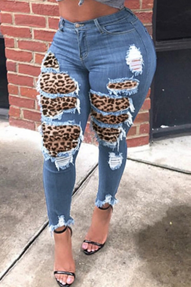 Retro Womens Jeans Ripped Hole Leopard Skin Patchwork Frayed Hem Zipper Fly Ankle Length Slim Fit Pencil Jeans with Washing Effect