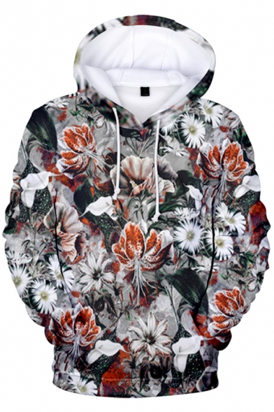 Stylish Mens Long Sleeve Drawstring All Over Flower 3D Printed Pouch Pocket Loose Hoodie