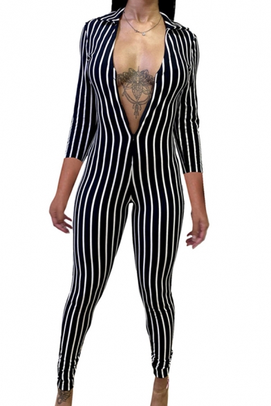 Stylish Women's Rumpers Stripe Pattern Zip Fly Spread Collar Long-sleeved Slim Fitted Rumpers