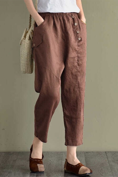 Summer Basic Solid Color Elastic Waist Button-Fly Linen Harem Pants for Women