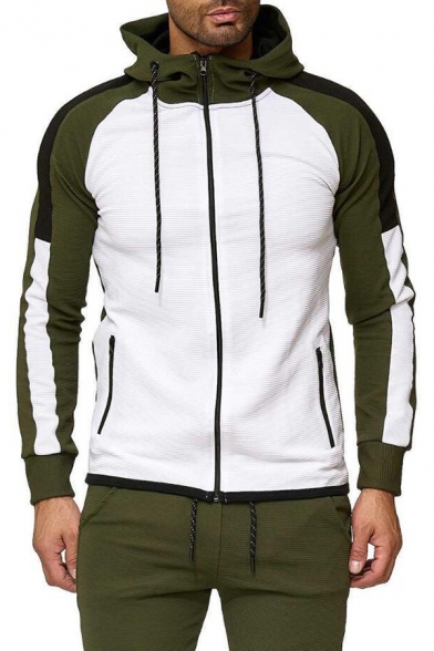 Trendy Men's Hoodie Color Block Side Pocket Contrast Panel Raglan Banded Cuff Long Sleeves Zip-down Slim Fitted Drawstring Hooded Sweatshirt