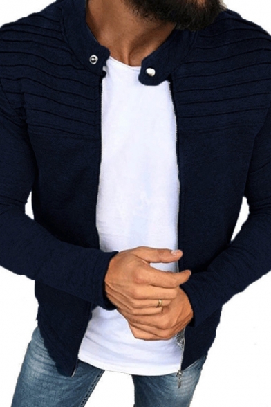 Trendy Men's Jacket Solid Color Banded Cuff Zip Closure Button Detail Collarless Long-sleeved Relaxed Fitted Jacket
