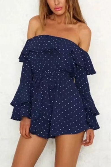 Trendy Off the Shoulder Long Sleeve Elastic Waist Polka Dot Print Navy Romper for Women
