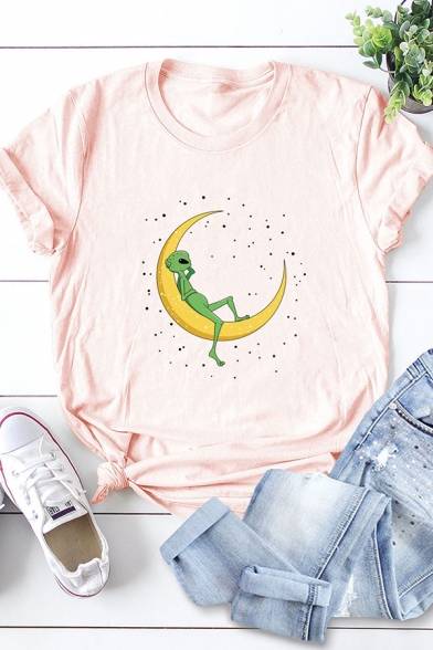 Trendy Women's Tee Top Alien Moon Printed Rolled Cuffs Crew Neck Short Sleeves Regular Fitted T-Shirt