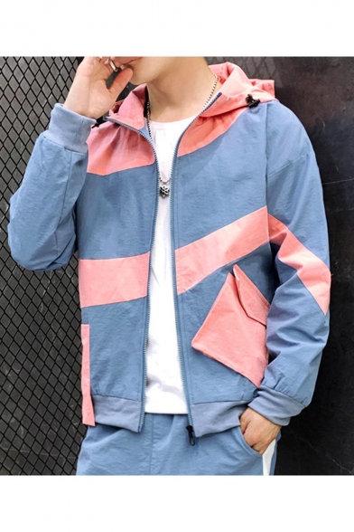 Unique Colorblock Printed Long Sleeve Hooded Zip Up Track Jacket for Men