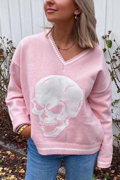 Unique Women's Sweater Skull Pattern Contrast Stripe V Neck Long Sleeves Regular Fit Knit Top