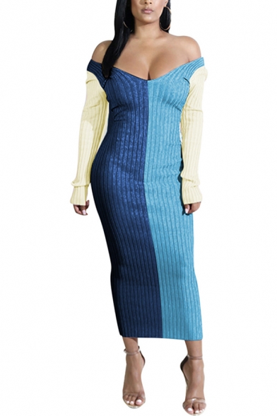 Vintage Womens Dress Contrast Panel Rib Knitted Maxi Slim Fitted Long Sleeve off Shoulder Bodycon Dress