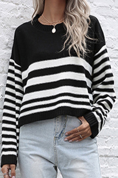 Vintage Womens Sweater Contrast Stripe Pattern Regular Fitted Crew Neck Long Drop-Sleeve Bottoming Sweater