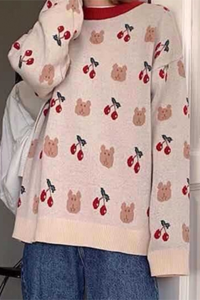 Women Cute Kawaii Long Sleeve Round Neck Cherry Bear Printed Loose Fit Pullover Sweater in Pink